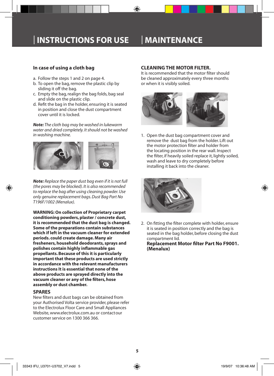 Maintenance | instructions for use | Electrolux VOLTA POWERLITE U3701 User Manual | Page 6 / 12