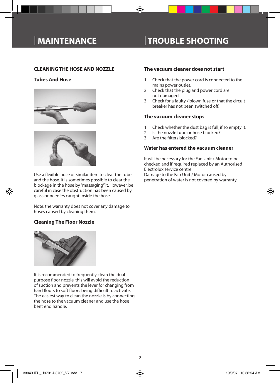 Trouble shooting | maintenance | Electrolux VOLTA POWERLITE U3701 User Manual | Page 8 / 12