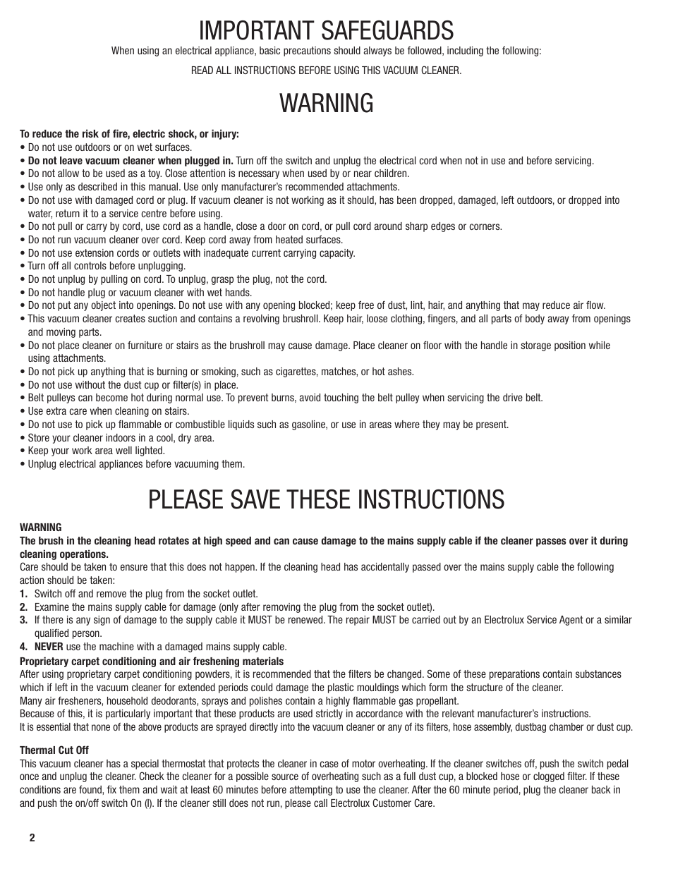 Important safeguards, Warning, Please save these instructions | Electrolux Z2950 Series User Manual | Page 2 / 12