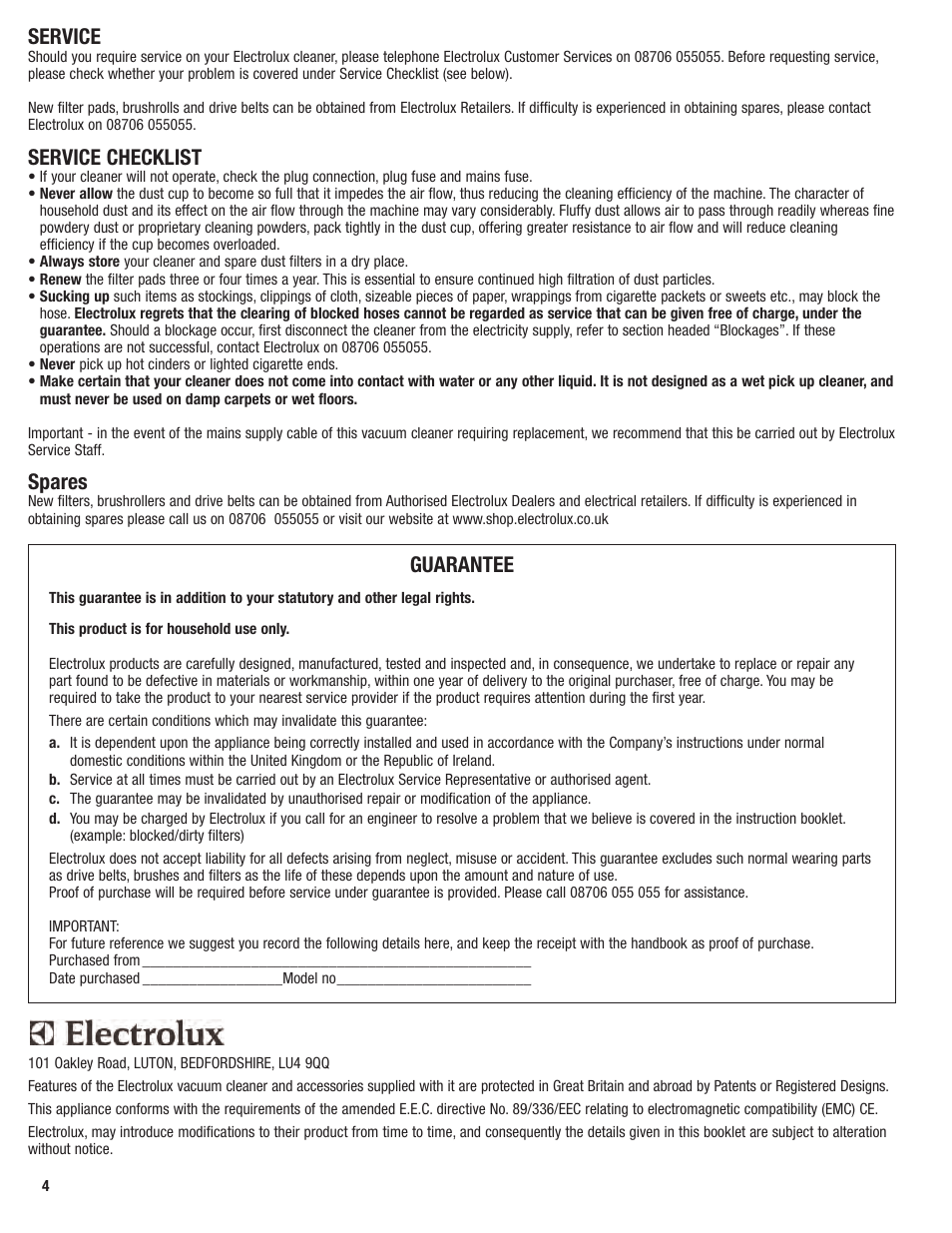 Service, Service checklist, Spares | Guarantee | Electrolux Z2950 Series User Manual | Page 4 / 12