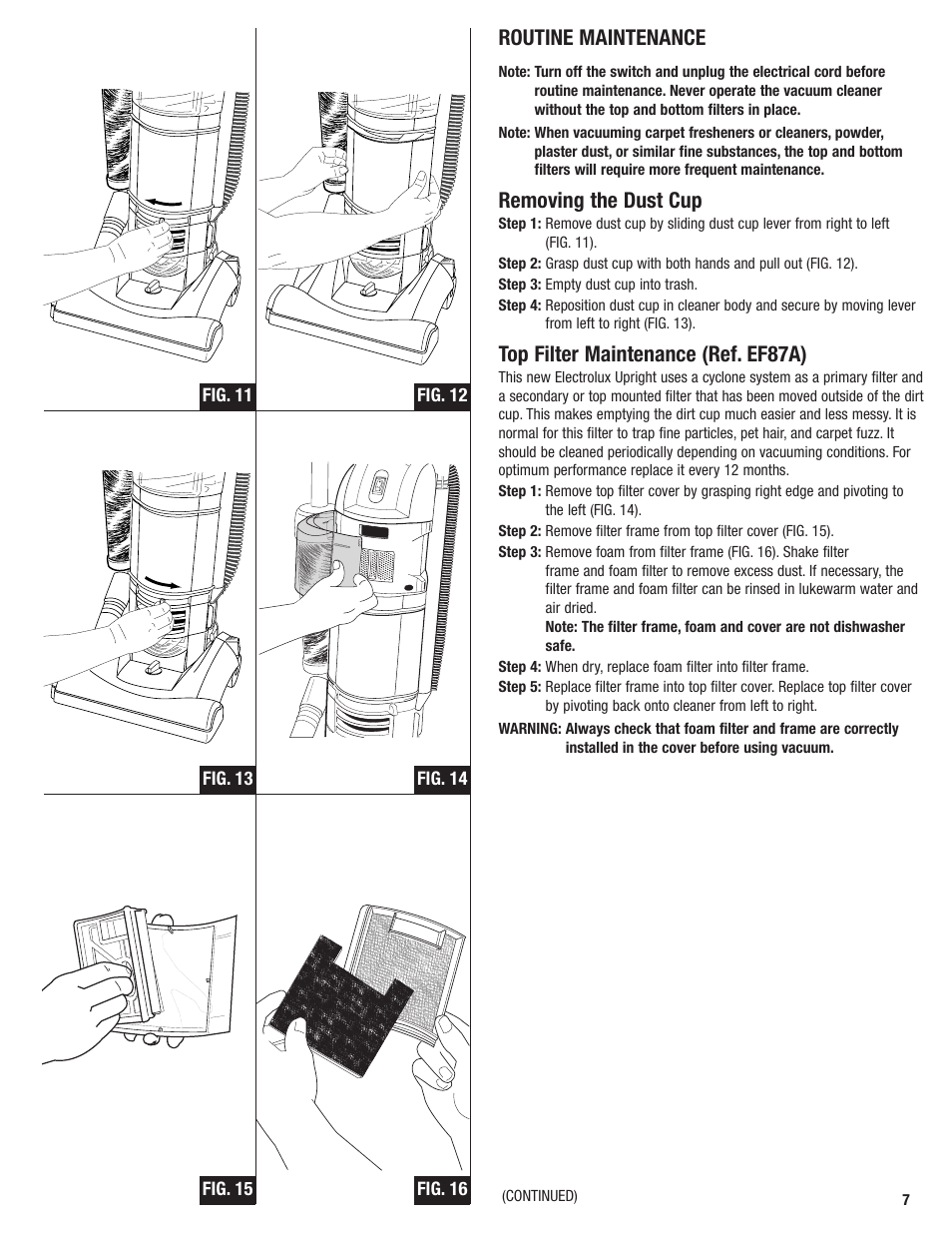 Routine maintenance, Removing the dust cup, Top filter maintenance (ref. ef87a) | Electrolux Z2950 Series User Manual | Page 7 / 12