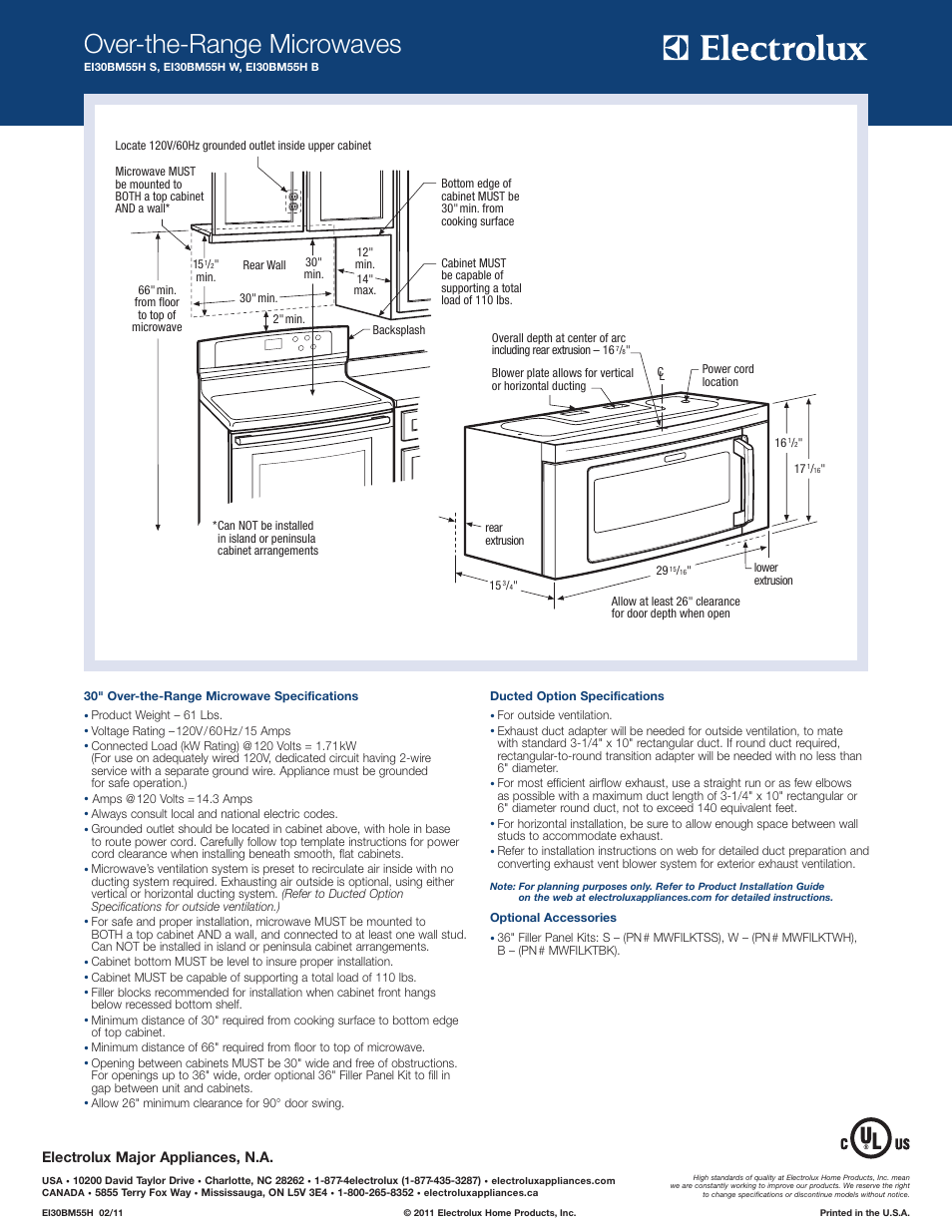 Over-the-range microwaves, Electrolux major appliances, n.a | Electrolux EI30BM55HS User Manual | Page 2 / 2