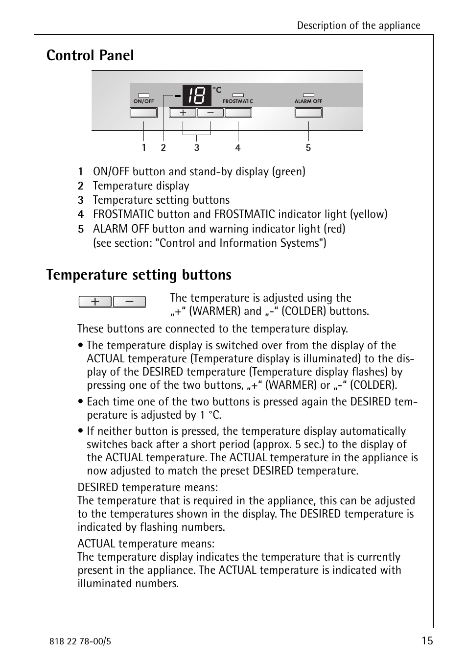 Control panel, Temperature setting buttons | Electrolux 70310 GS User Manual | Page 15 / 36