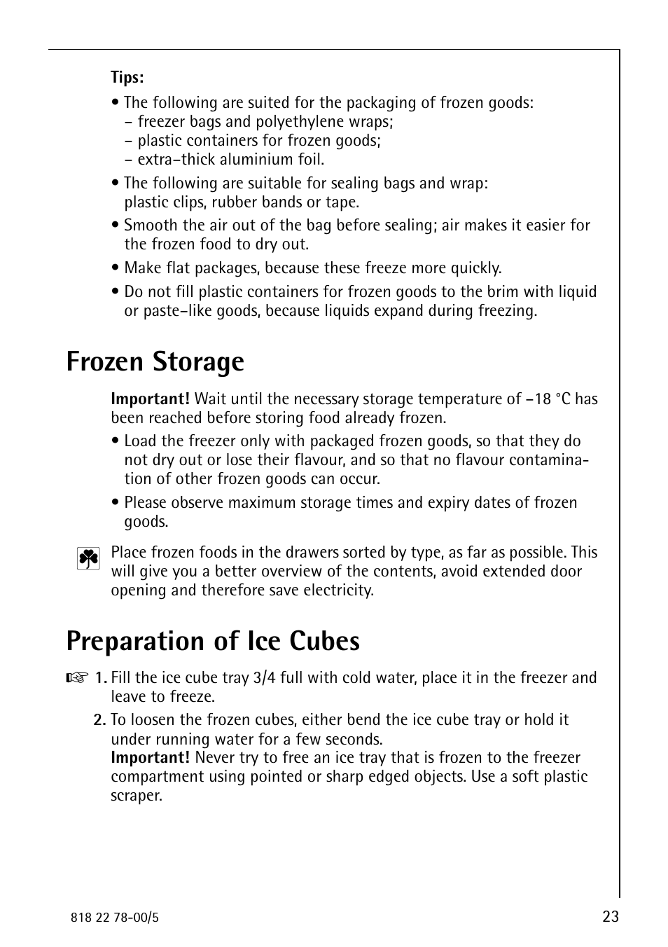 Frozen storage, Preparation of ice cubes | Electrolux 70310 GS User Manual | Page 23 / 36