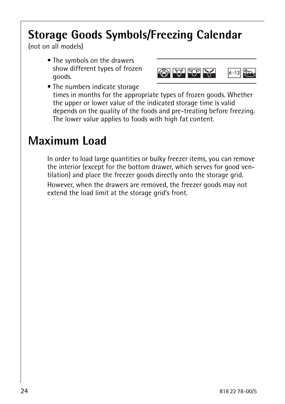 Storage goods symbols/freezing calendar, Maximum load | Electrolux 70310 GS User Manual | Page 24 / 36