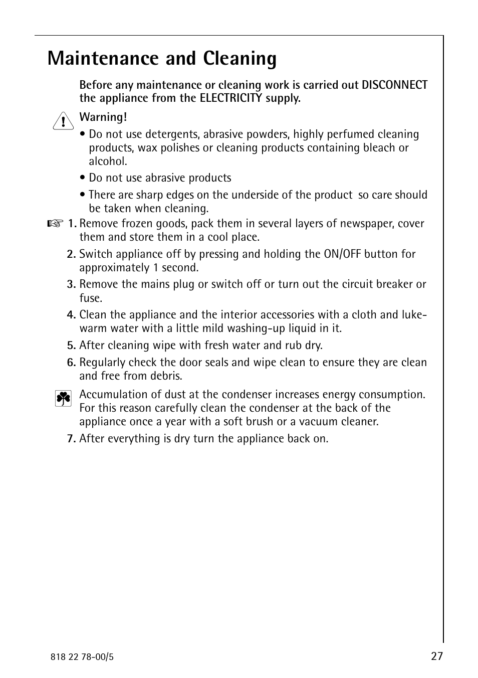 Maintenance and cleaning | Electrolux 70310 GS User Manual | Page 27 / 36