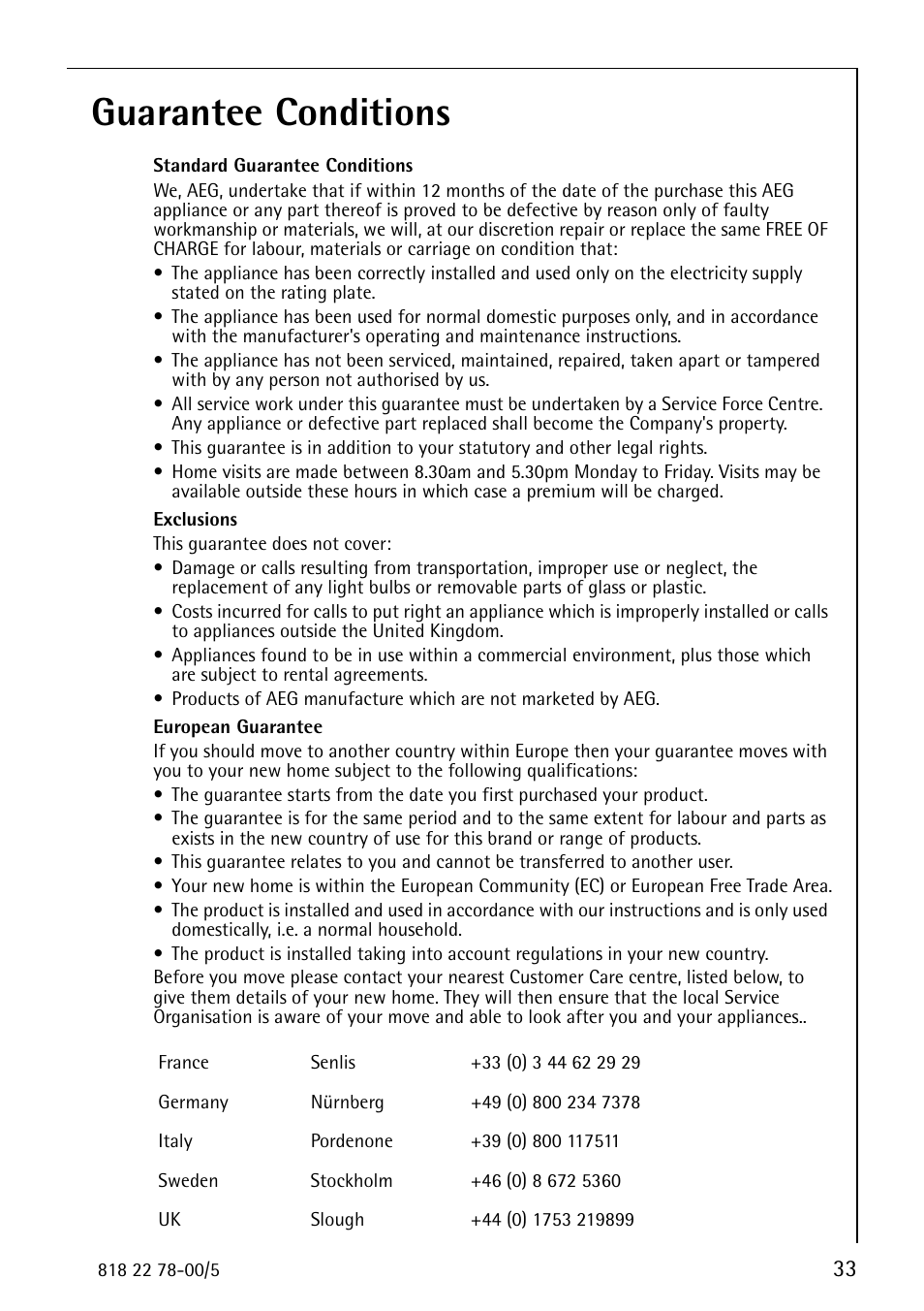 Guarantee conditions | Electrolux 70310 GS User Manual | Page 33 / 36
