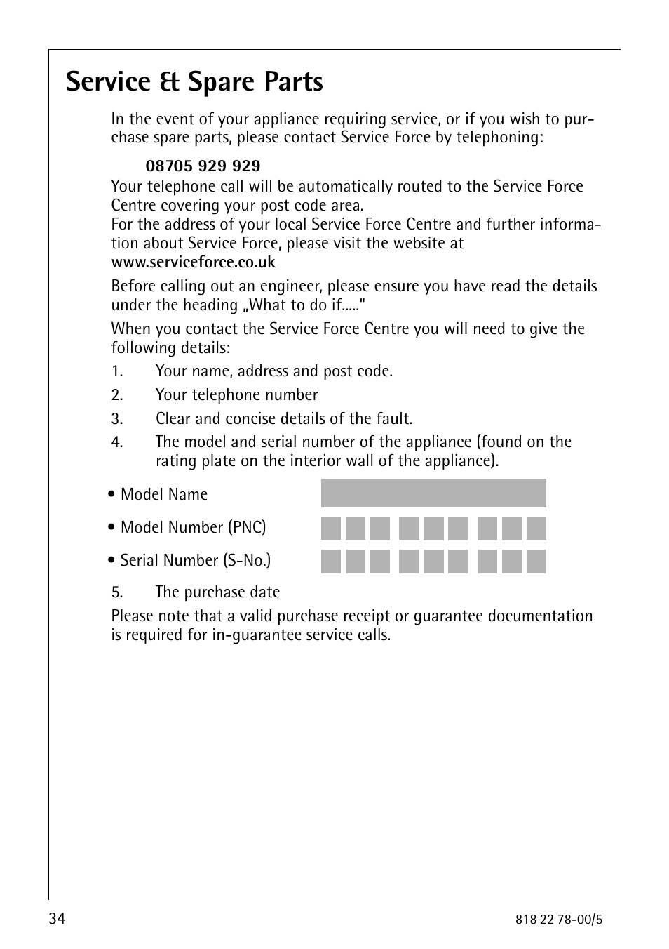 Service & spare parts | Electrolux 70310 GS User Manual | Page 34 / 36