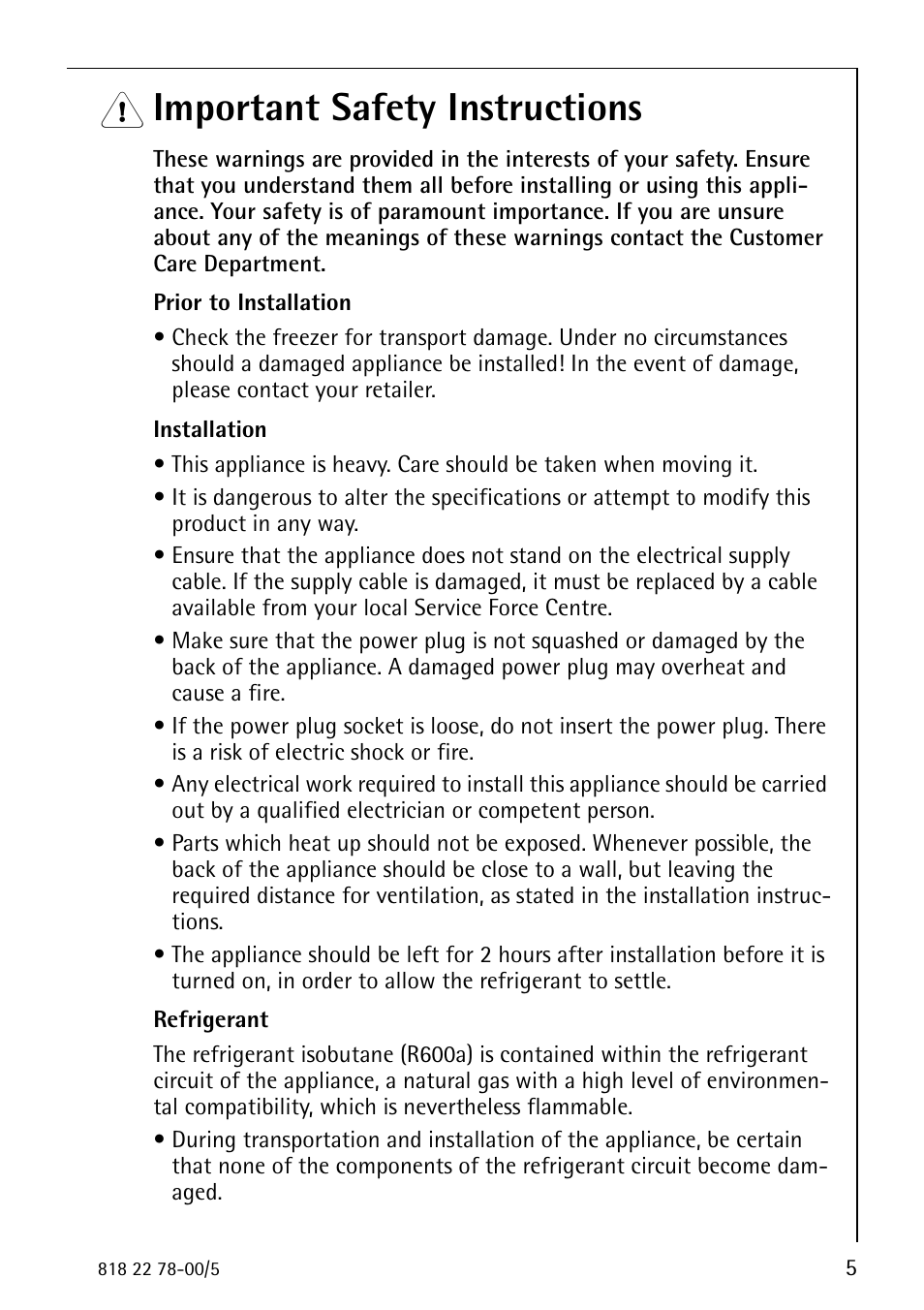 Important safety instructions | Electrolux 70310 GS User Manual | Page 5 / 36