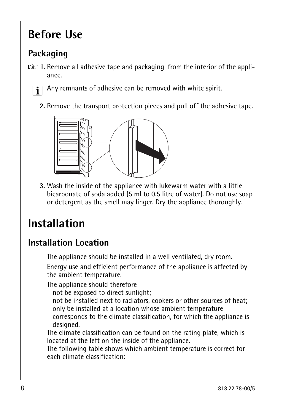 Before use, Installation, Packaging | Installation location | Electrolux 70310 GS User Manual | Page 8 / 36