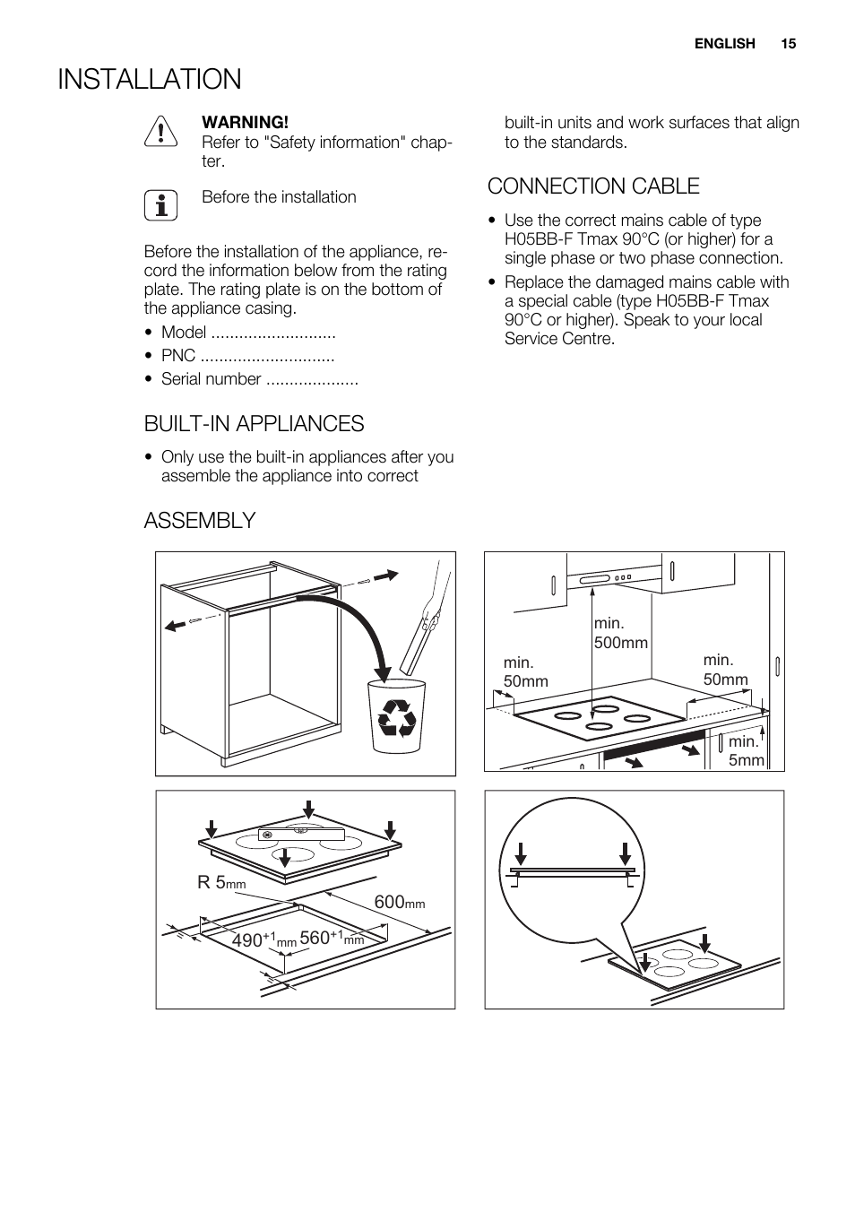 Installation, Built-in appliances, Connection cable | Assembly | Electrolux EHH6540FOK User Manual | Page 15 / 20