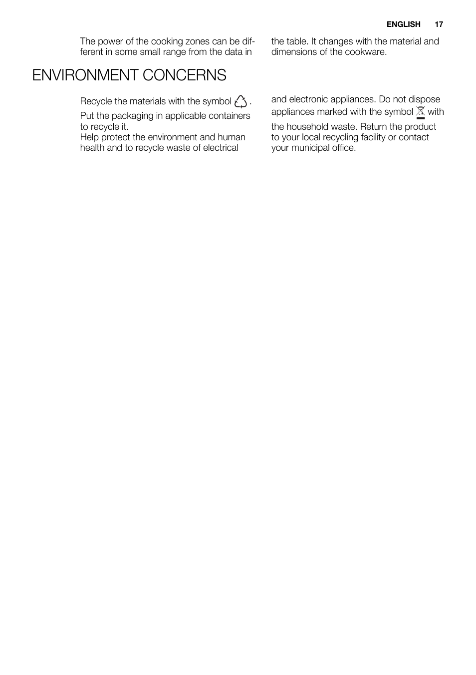 Environment concerns | Electrolux EHH6540FOK User Manual | Page 17 / 20