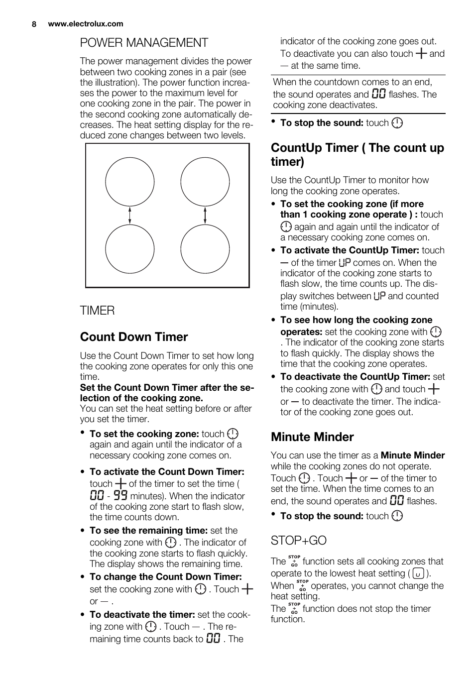 Power management, Timer count down timer, Countup timer ( the count up timer) | Minute minder, Stop+go | Electrolux EHH6540FOK User Manual | Page 8 / 20