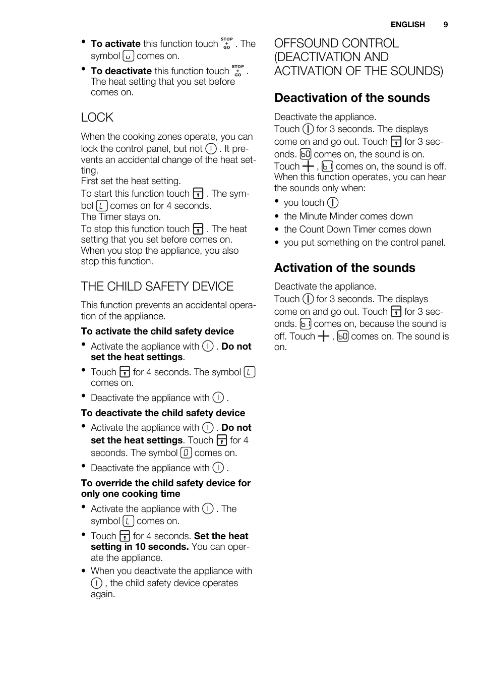 Lock, The child safety device, Activation of the sounds | Electrolux EHH6540FOK User Manual | Page 9 / 20