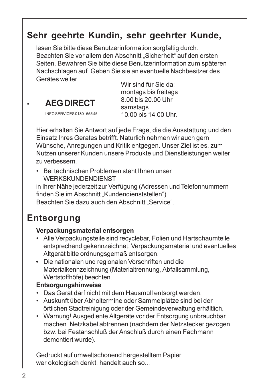 Sehr geehrte kundin, sehr geehrter kunde, Aeg direct, Entsorgung | Electrolux HU 3360 User Manual | Page 2 / 64