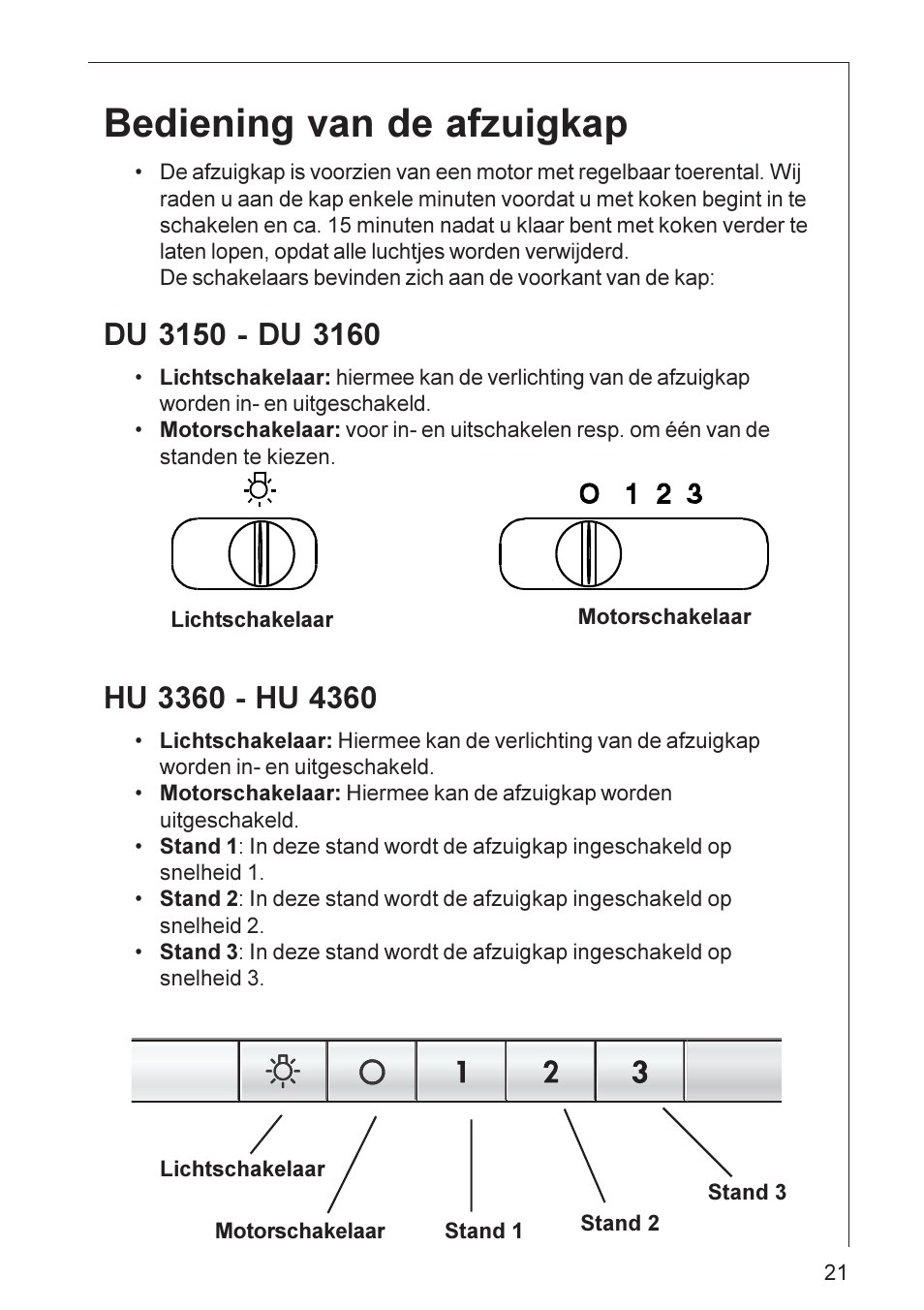 Bediening van de afzuigkap | Electrolux HU 3360 User Manual | Page 21 / 64