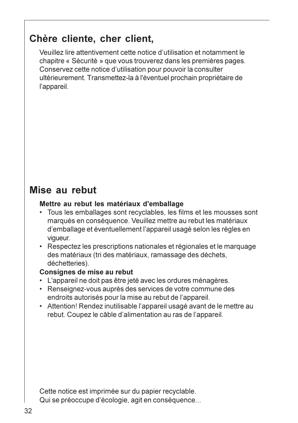 Chère cliente, cher client, Mise au rebut | Electrolux HU 3360 User Manual | Page 32 / 64