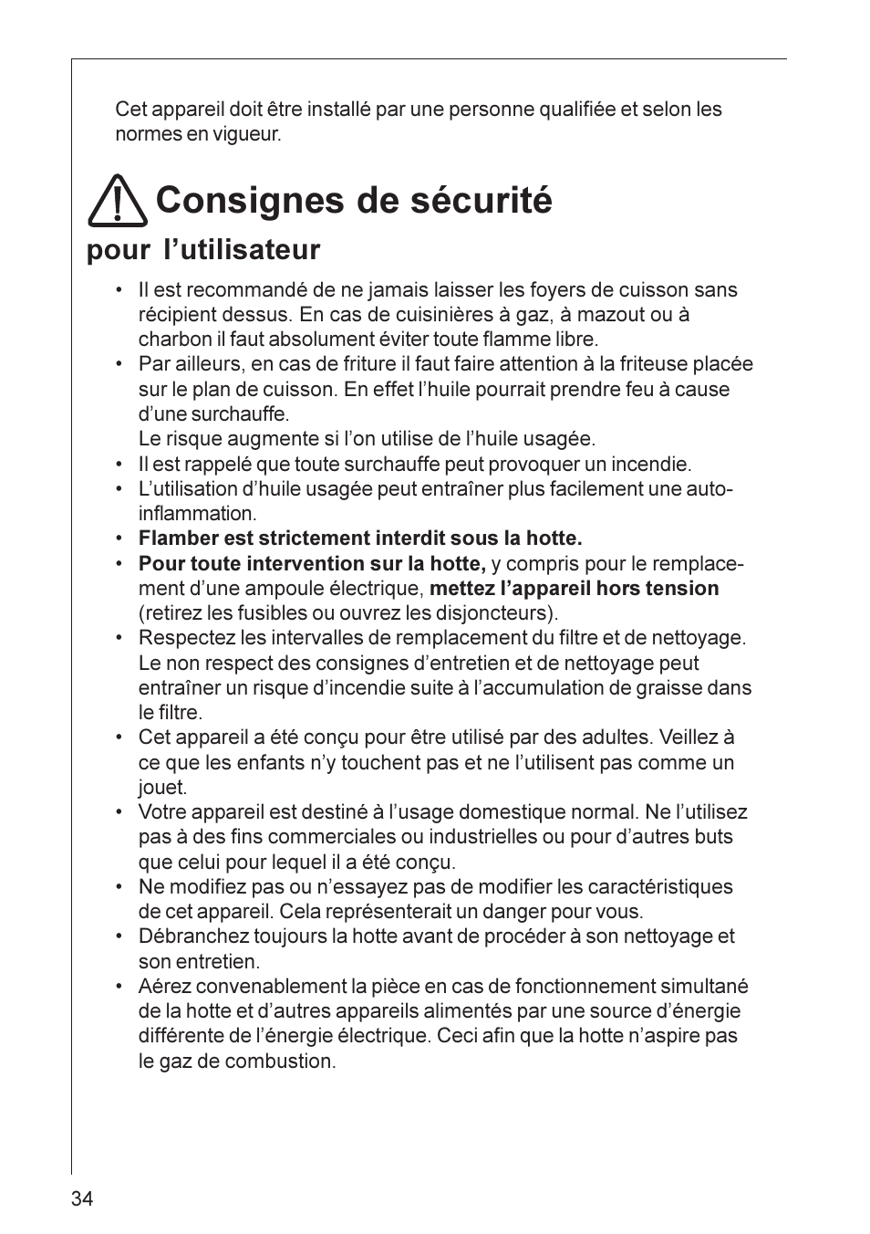Consignes de sécurité, Pour lutilisateur | Electrolux HU 3360 User Manual | Page 34 / 64