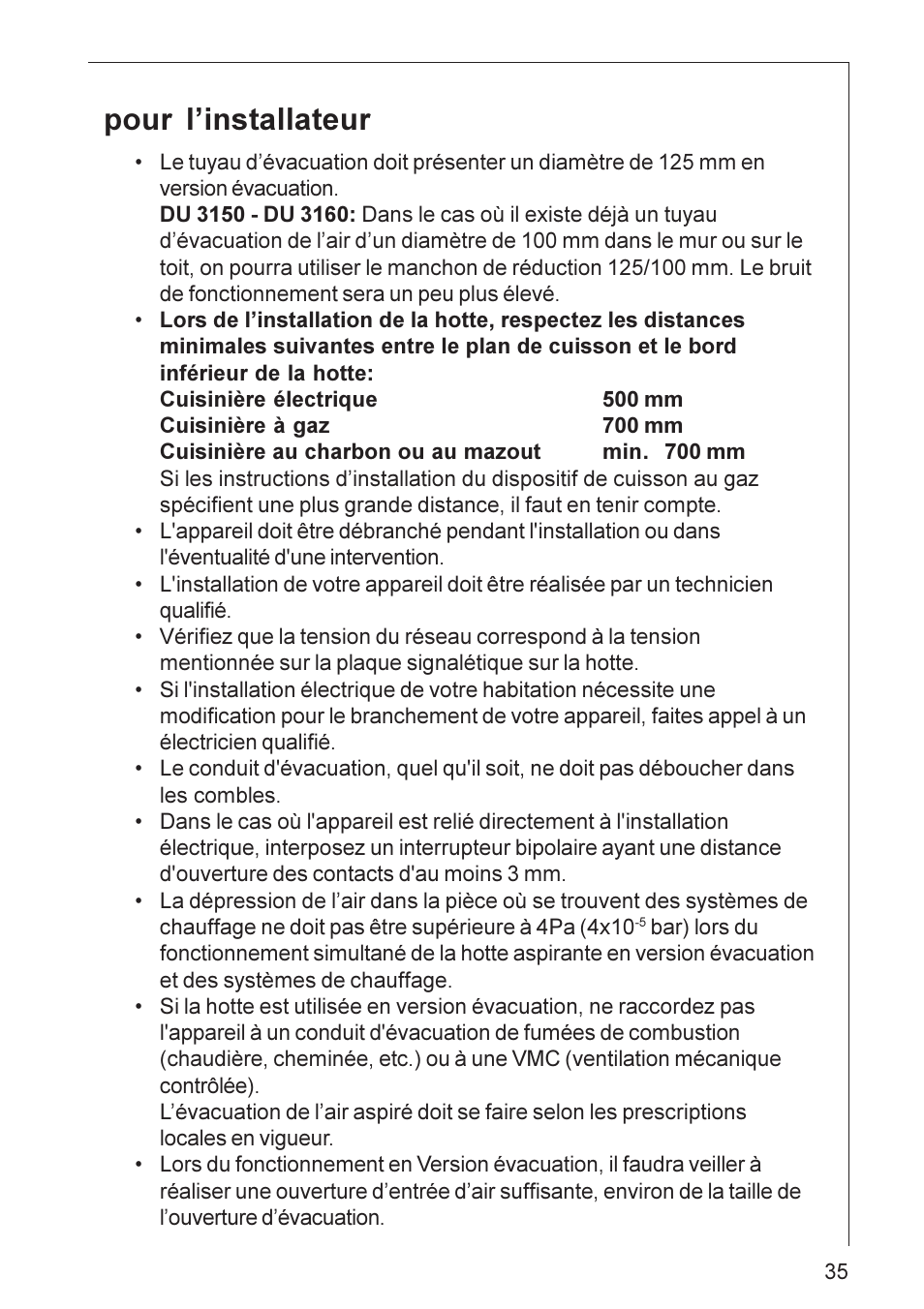 Pour linstallateur | Electrolux HU 3360 User Manual | Page 35 / 64