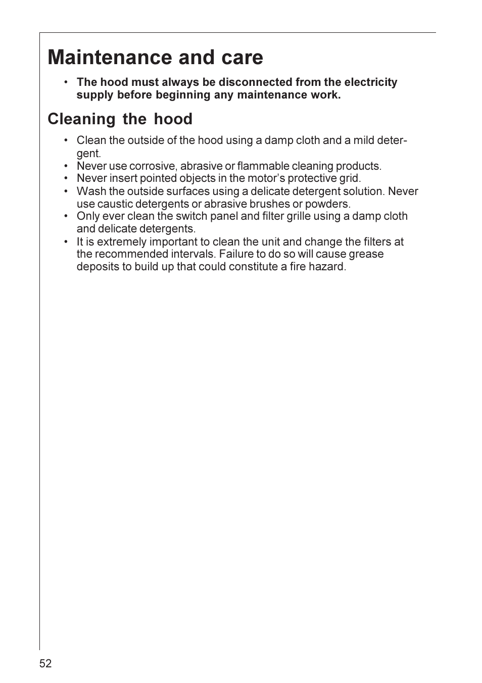 Maintenance and care, Cleaning the hood | Electrolux HU 3360 User Manual | Page 52 / 64