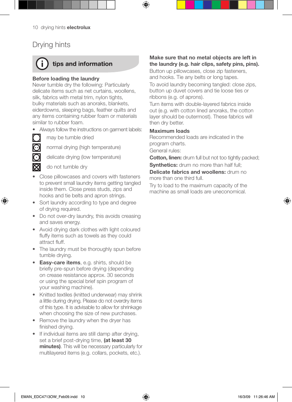 Drying hints | Electrolux EDC47130W User Manual | Page 10 / 20