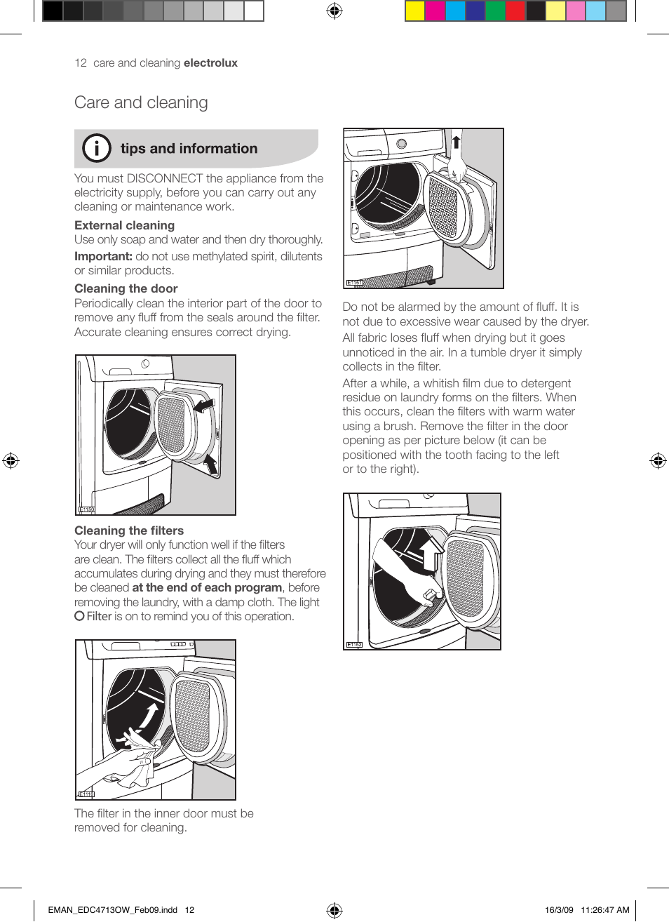 Care and cleaning | Electrolux EDC47130W User Manual | Page 12 / 20