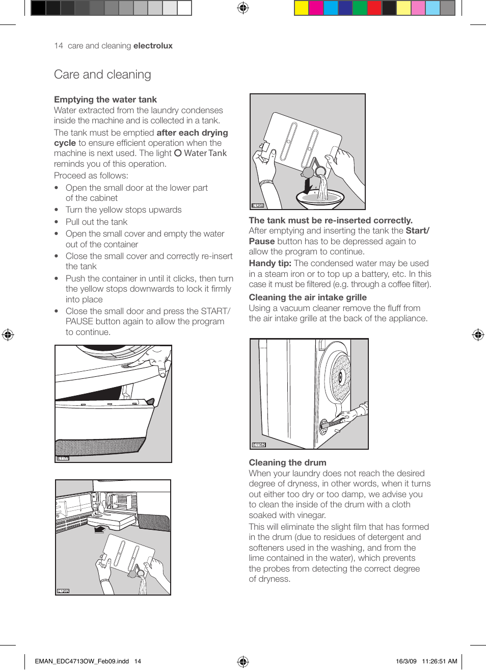 Care and cleaning | Electrolux EDC47130W User Manual | Page 14 / 20