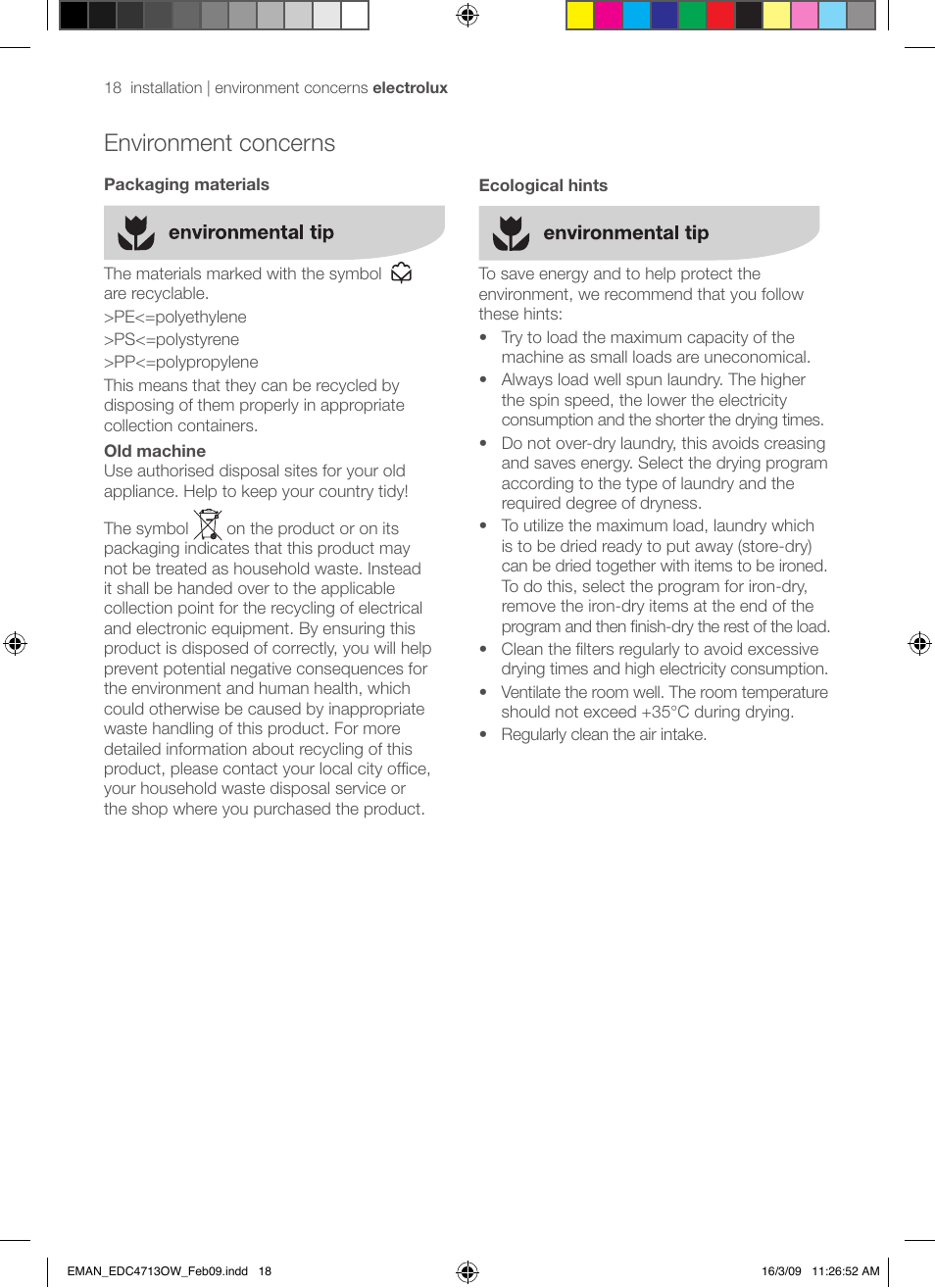 Environment concerns | Electrolux EDC47130W User Manual | Page 18 / 20