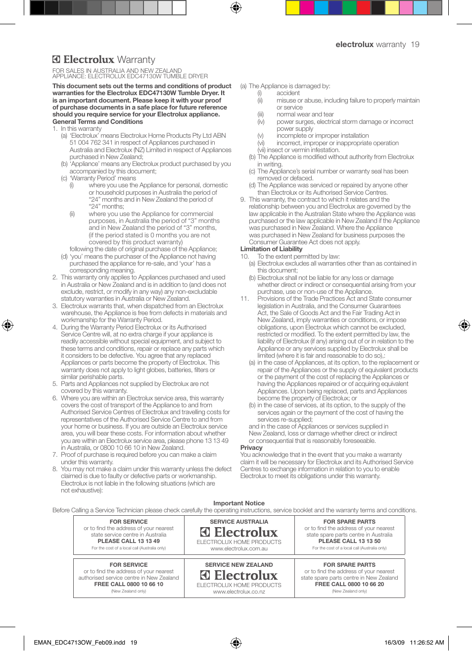 Warranty | Electrolux EDC47130W User Manual | Page 19 / 20