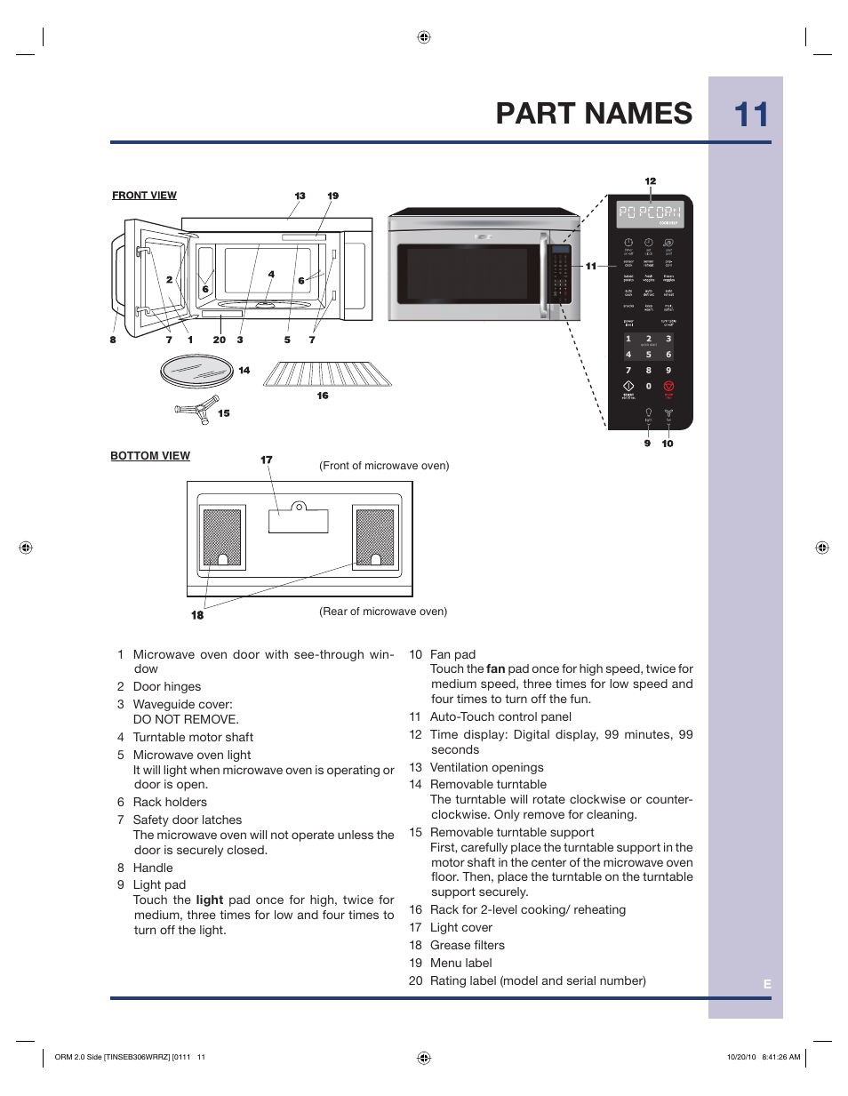 Part names | Electrolux 316902458 User Manual | Page 11 / 36