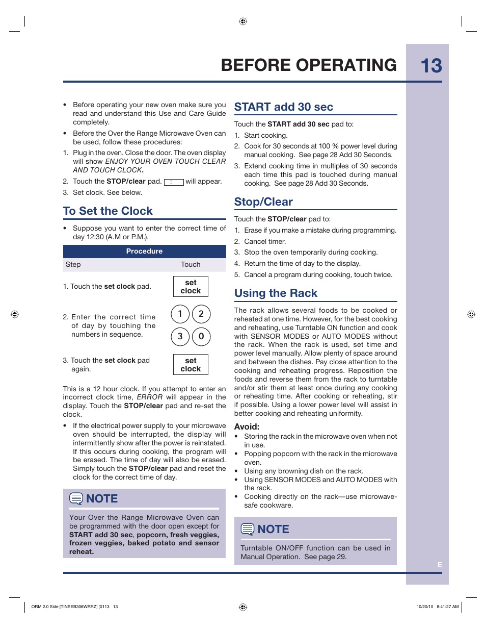 Before operating, Start add 30 sec, Stop/clear | Using the rack | Electrolux 316902458 User Manual | Page 13 / 36