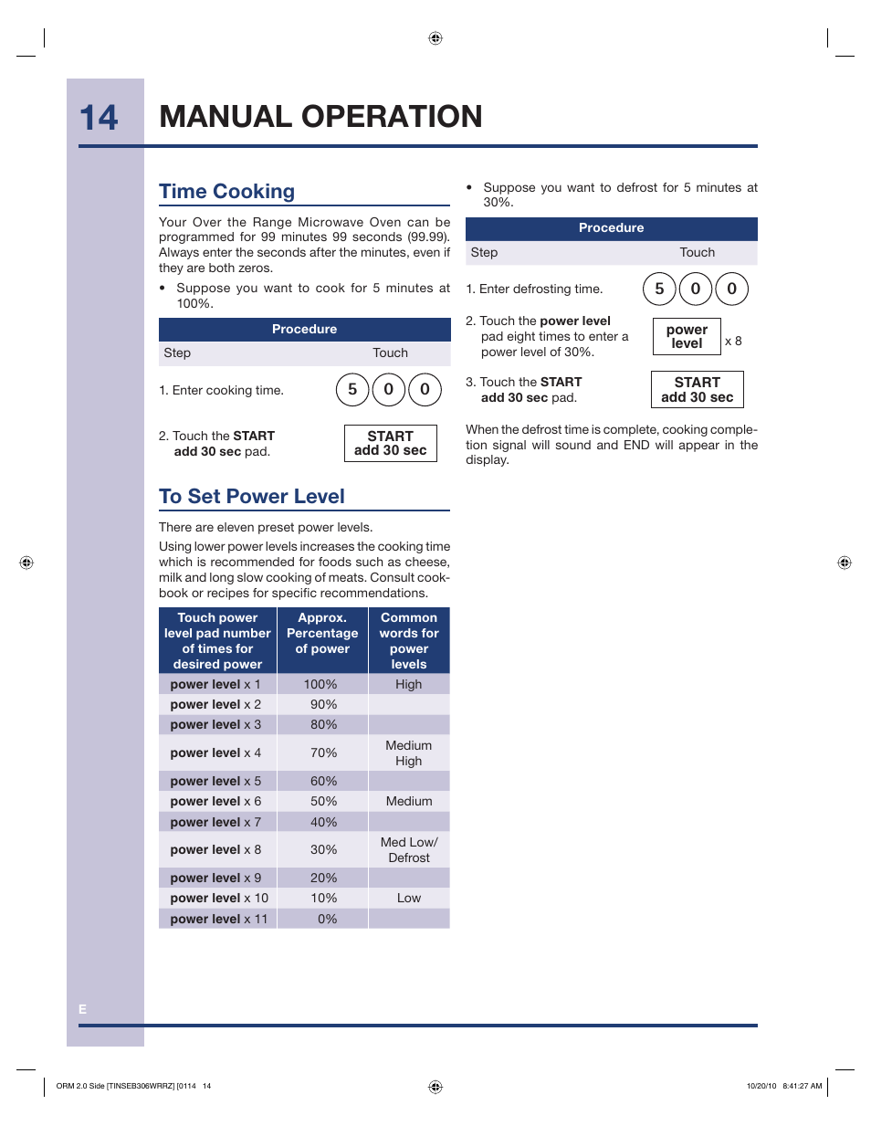 Manual operation, Time cooking | Electrolux 316902458 User Manual | Page 14 / 36