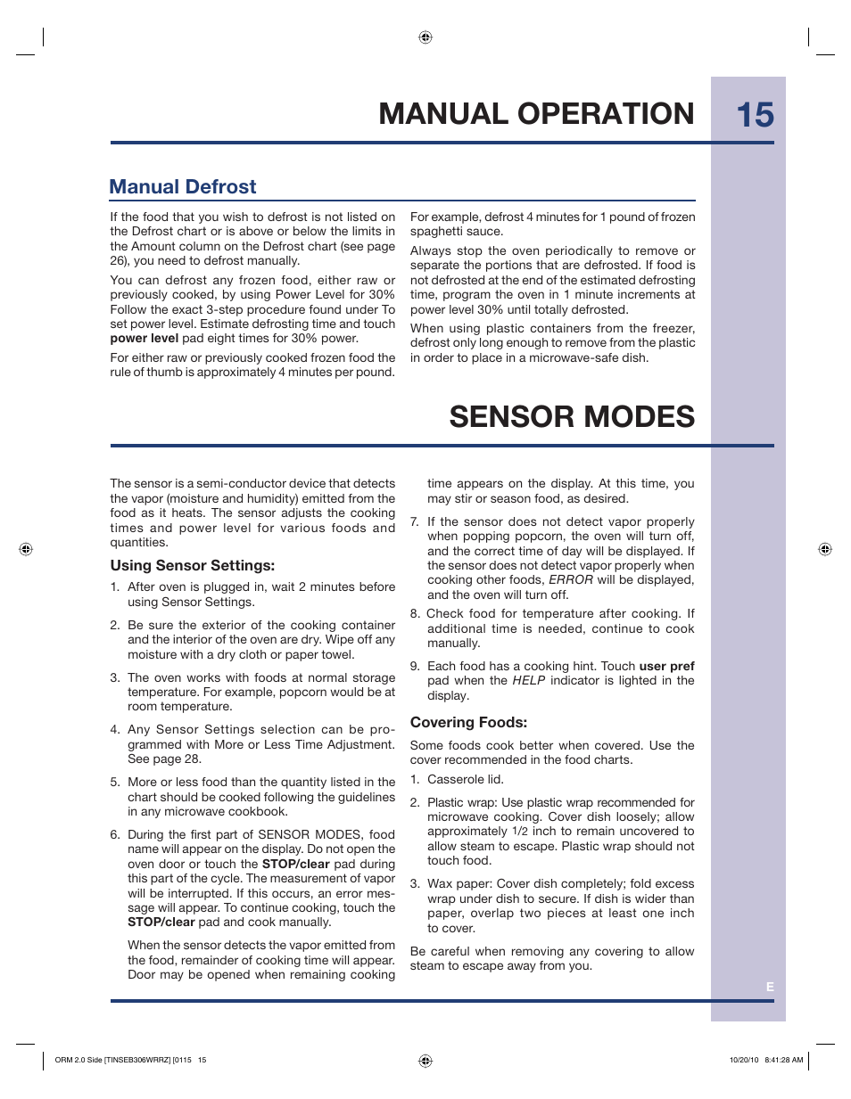 Manual operation, Sensor modes, Manual defrost | Electrolux 316902458 User Manual | Page 15 / 36