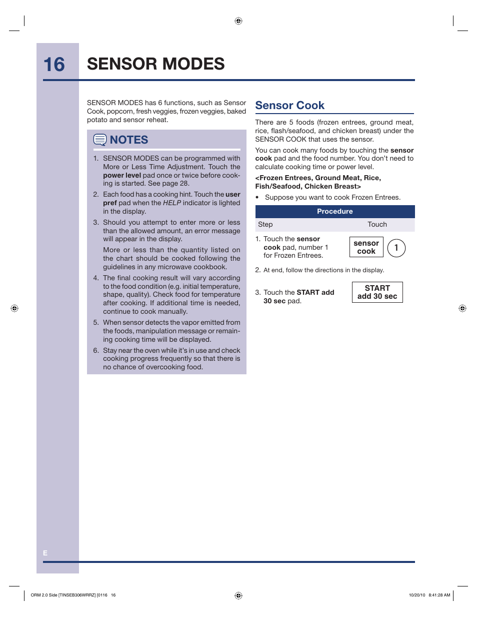Sensor modes, Sensor cook | Electrolux 316902458 User Manual | Page 16 / 36
