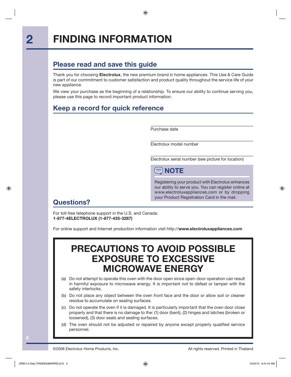 Finding information, Please read and save this guide, Keep a record for quick reference questions | Electrolux 316902458 User Manual | Page 2 / 36