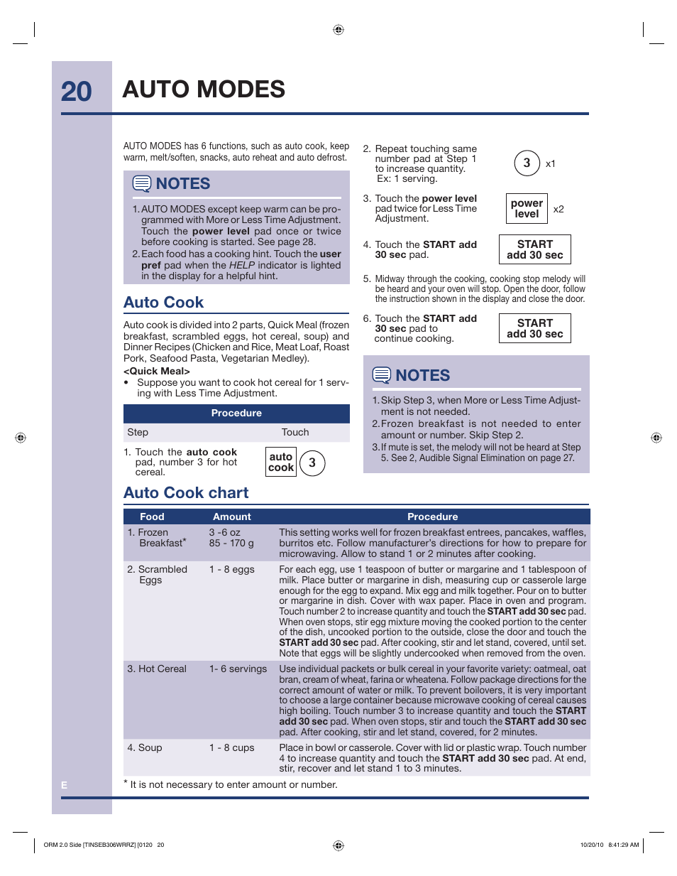 Auto modes, Auto cook, Auto cook chart | Electrolux 316902458 User Manual | Page 20 / 36