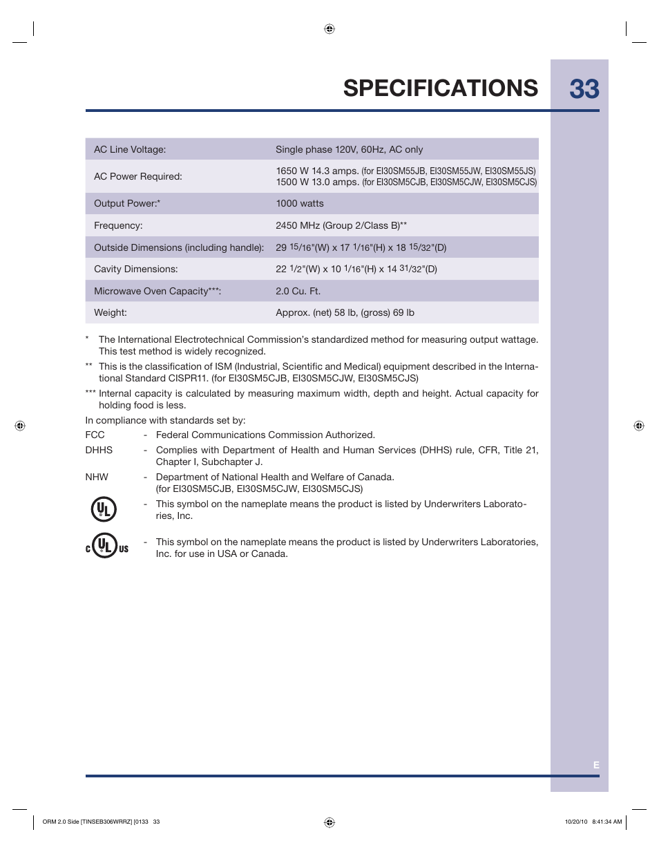 Specifications | Electrolux 316902458 User Manual | Page 33 / 36
