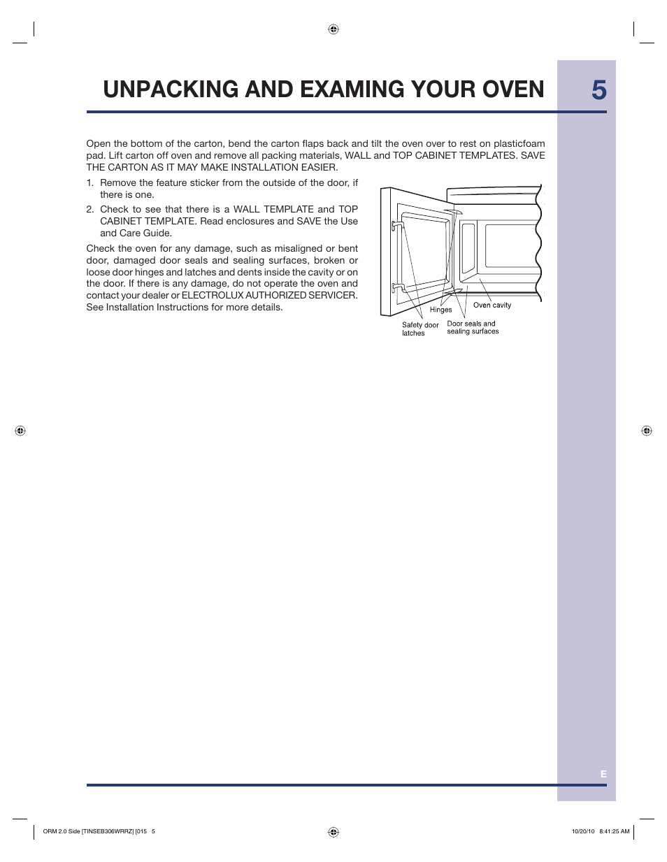 Unpacking and examing your oven | Electrolux 316902458 User Manual | Page 5 / 36