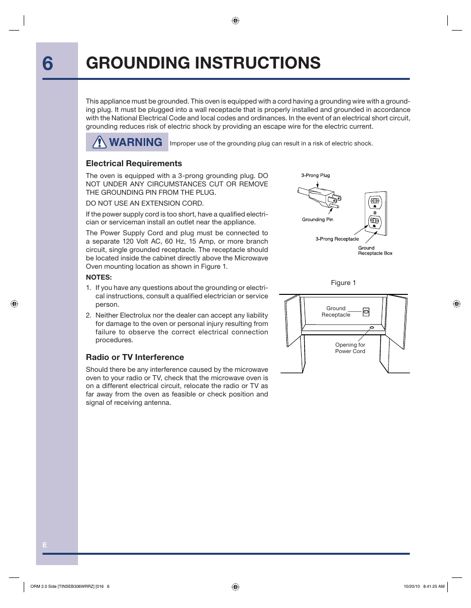 Grounding instructions | Electrolux 316902458 User Manual | Page 6 / 36