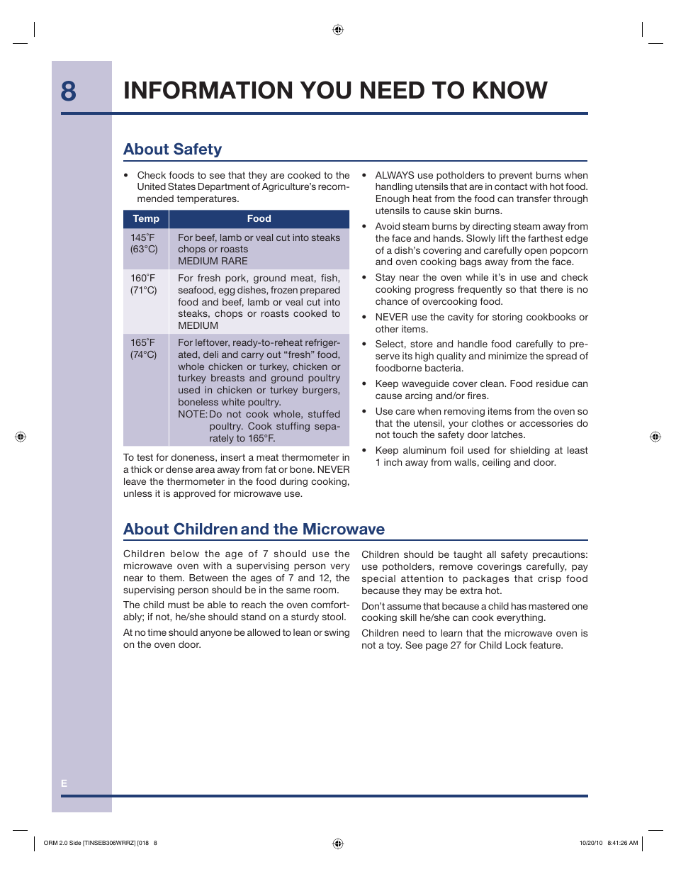 Information you need to know, About children, And the microwave about safety | Electrolux 316902458 User Manual | Page 8 / 36