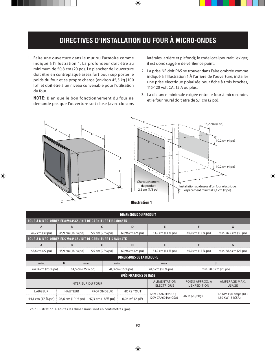 Directives d’installation du four à micro-ondes, Basic specifications, Illustration 1 | Electrolux 30 User Manual | Page 10 / 13