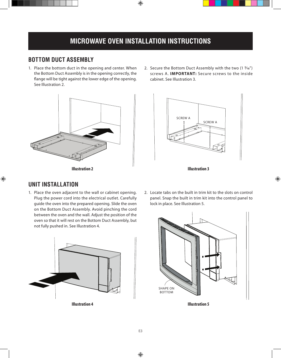 Microwave oven installation instructions, Bottom duct assembly, Unit installation | Electrolux 30 User Manual | Page 3 / 13