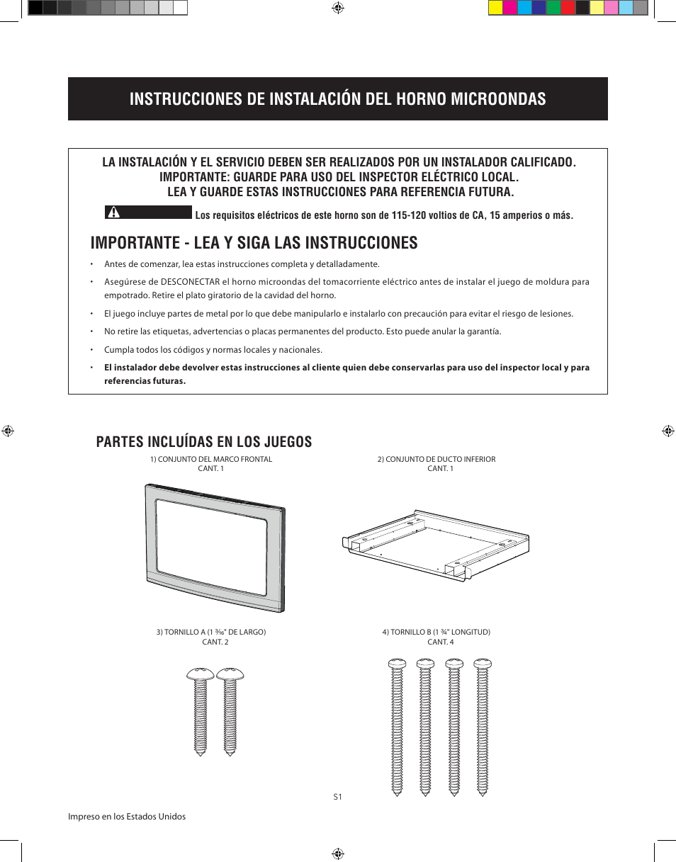 Instrucciones de instalación del horno microondas, Importante - lea y siga las instrucciones, Partes incluídas en los juegos | Electrolux 30 User Manual | Page 5 / 13