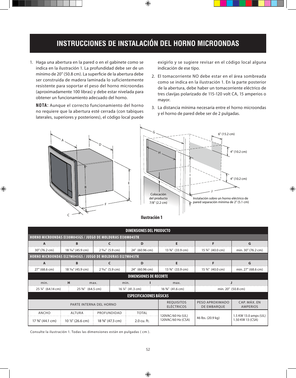 Instrucciones de instalación del horno microondas, Basic specifications, Ilustración 1 | Electrolux 30 User Manual | Page 6 / 13