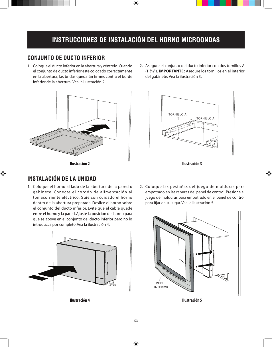 Instrucciones de instalación del horno microondas, Conjunto de ducto inferior, Instalación de la unidad | Electrolux 30 User Manual | Page 7 / 13