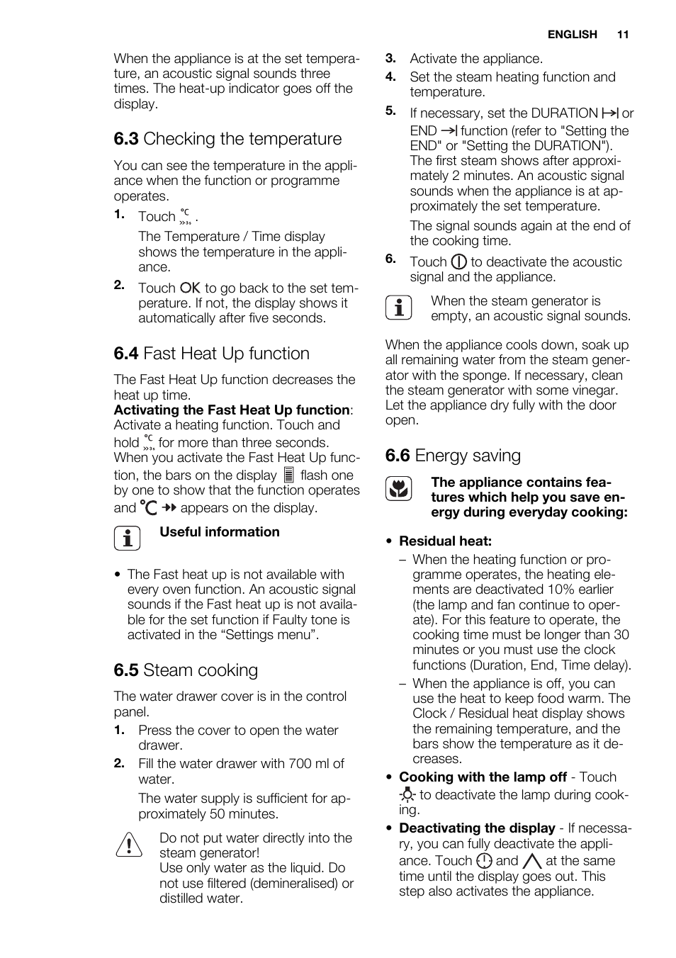 3 checking the temperature, 4 fast heat up function, 5 steam cooking | 6 energy saving | Electrolux EBGL70 User Manual | Page 11 / 28