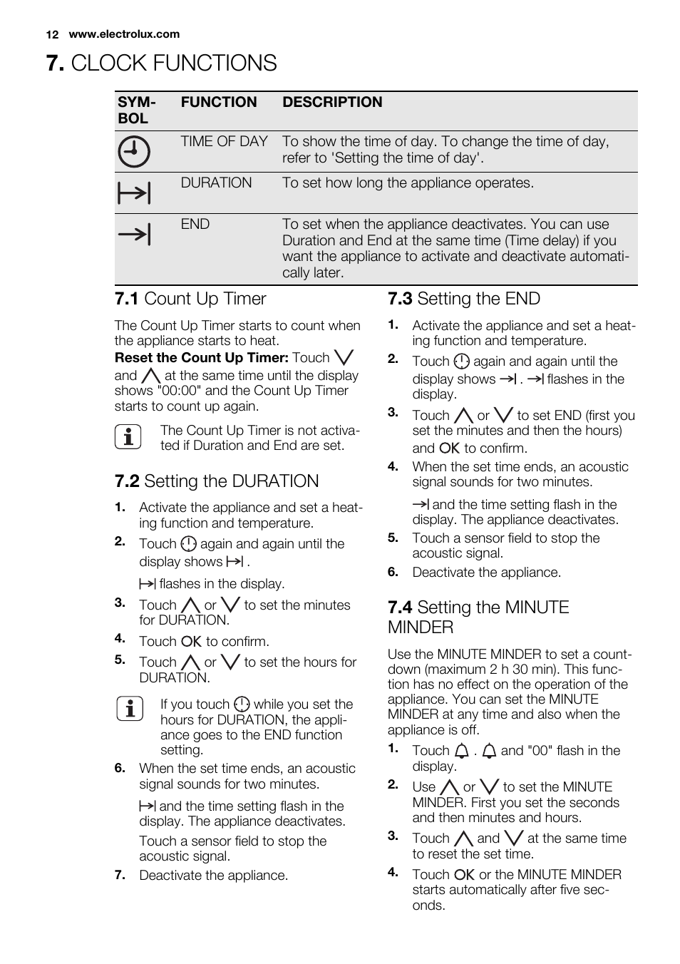 Clock functions, 1 count up timer, 2 setting the duration | 3 setting the end, 4 setting the minute minder | Electrolux EBGL70 User Manual | Page 12 / 28