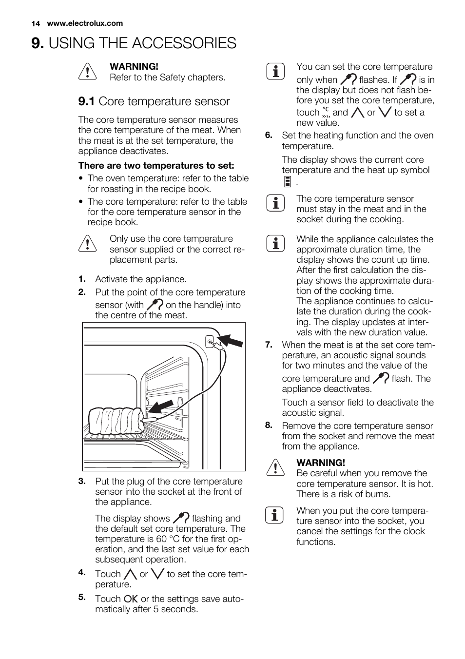 Using the accessories, 1 core temperature sensor | Electrolux EBGL70 User Manual | Page 14 / 28