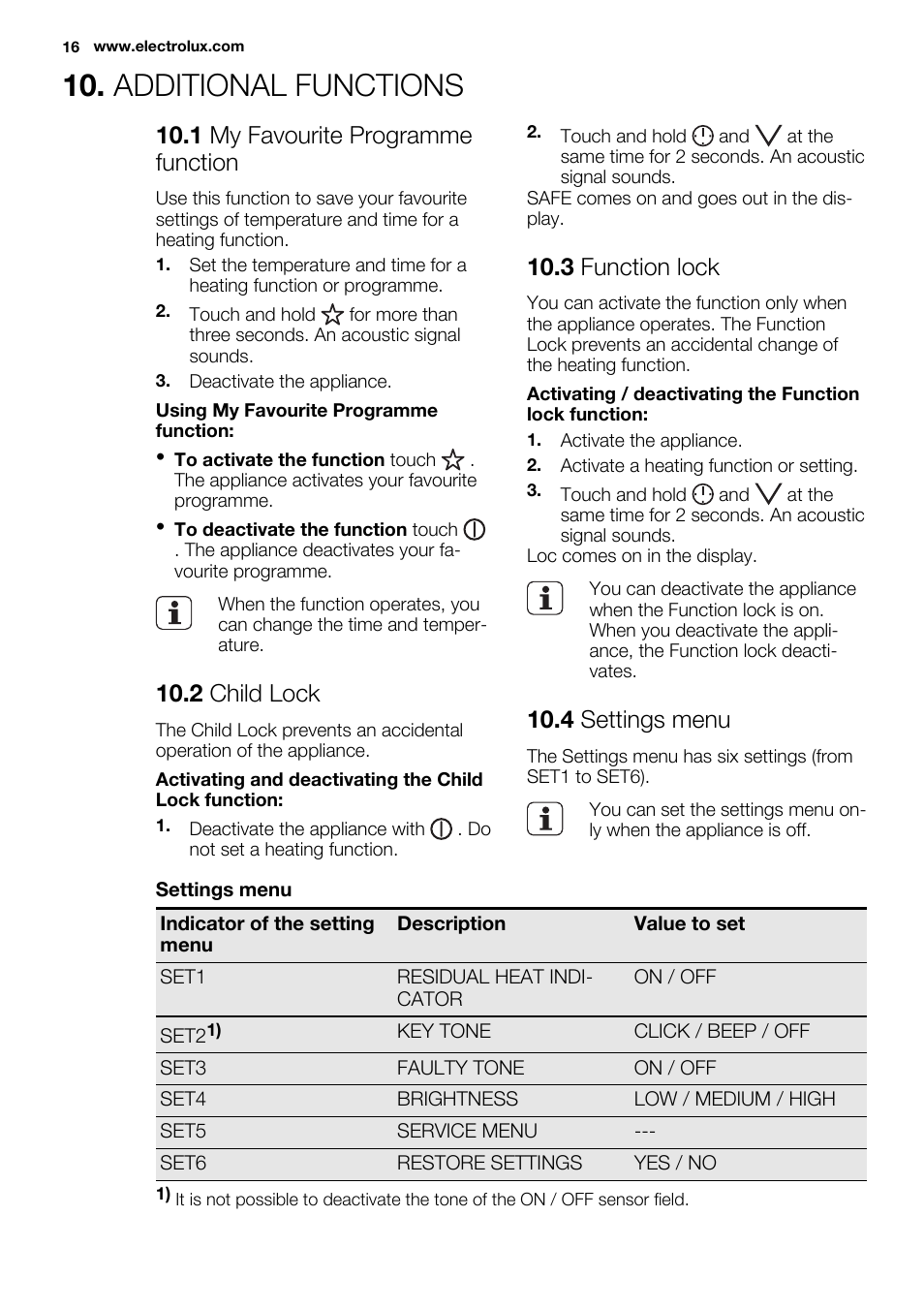 Additional functions, 1 my favourite programme function, 2 child lock | 3 function lock, 4 settings menu | Electrolux EBGL70 User Manual | Page 16 / 28