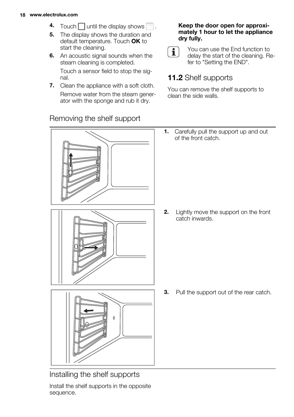 2 shelf supports, Removing the shelf support, Installing the shelf supports | Electrolux EBGL70 User Manual | Page 18 / 28